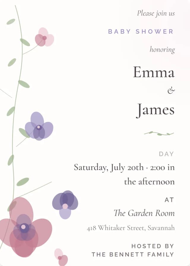 A baby shower invitation in the Garden design, matching the site